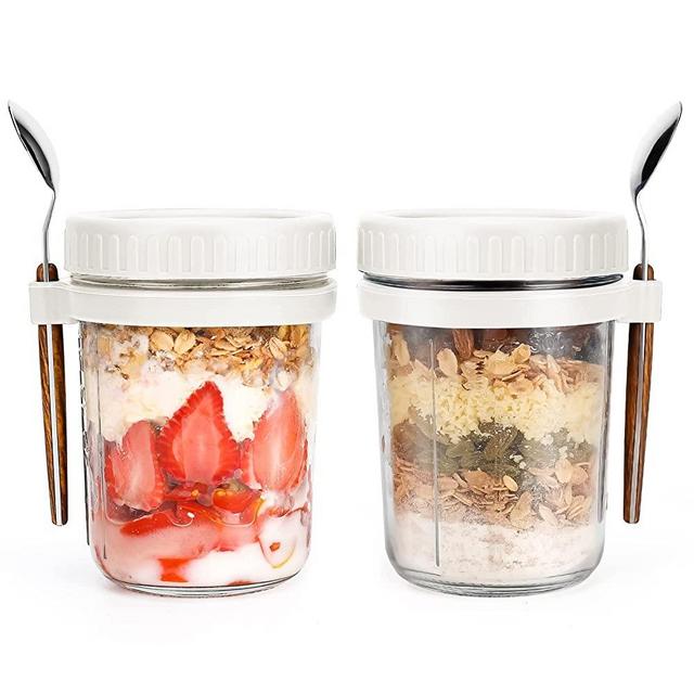 Overnight Oats Jars with Spoon and Lid 10 oz [2 Pack], Airtight Oatmeal Container with Measurement Marks, Mason Jars with Lid for Cereal On The Go Container (2pcs white)
