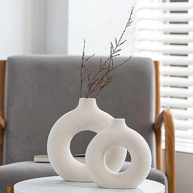 Ceramic Vases Set of 2,Moder White Round Vase Rustic Home Decor，Frosted Ceramic Vase Apply to Living Room、 Kitchen、Mantle、Bedroom、Dining Table、Office