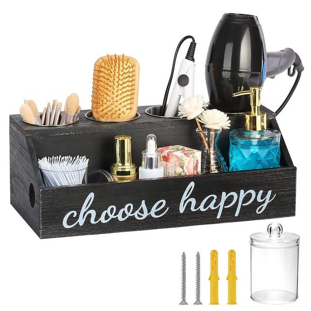 Hair Tool Organizer, 5 Compartments Hair Dryer Holder Wall Mounted/Countertop Rustic Black Wood Bathroom Organizer Blow Dryer Holder Hot Hair Tools Curling Iron Holder Vanity Cabinet Storage Stand