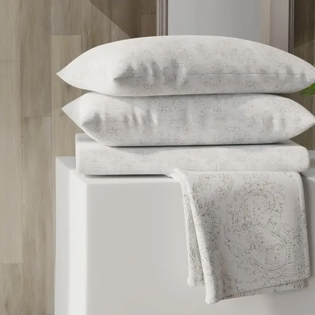 Color Sense Percale Weave Cool & Crisp Cotton Rich Sheet Set, Queen, Grey Paisely, 4 piece