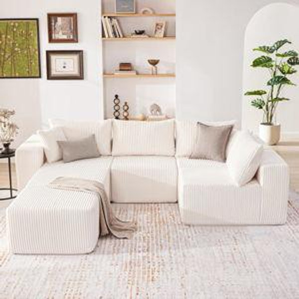 Weture 135.4" Cloud Couch Sectional, Modular Sectional Sofa with Deep Seat, Plush Corduroy U Shaped Boneless Couch, Convertible Sectional Couches for Living Room, 6Seat, Beige