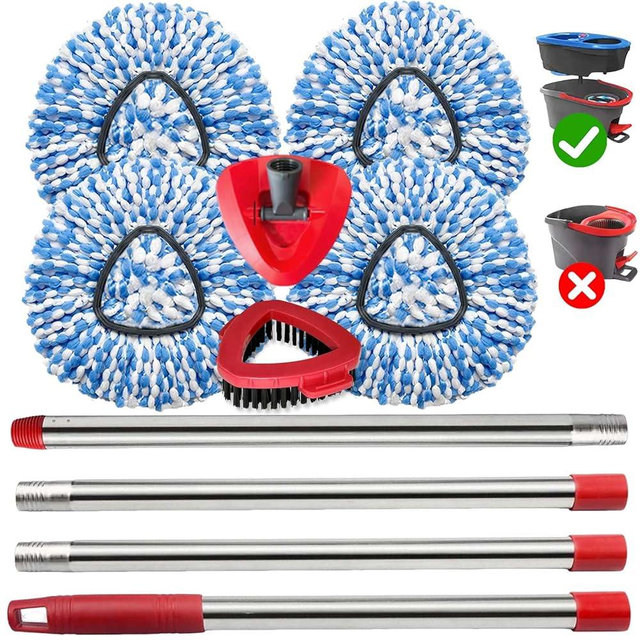 Fazlynyi Spin Mop Replace Heads for O Cedar Rinse Clean 2 Tank System, Spin Mop Replacement Head 4 Microfiber Mop Refills, 1 Triangle Head Cover and 30-58in Handle 1 1Scrub Brush