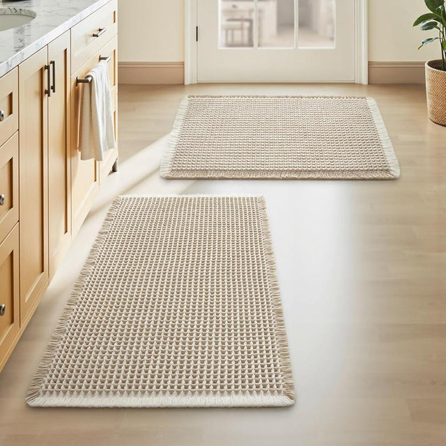 Upgraded Waffle Bath Mats Set of 2, Super Absorbent Non Slip Bath Mats for Bathroom Floor, Washable Boho Bathroom Rugs Set 2 Piece with Tassels, Soft Bathroom Mat Set, 17" x 24" (2 Pack), Brown Cream