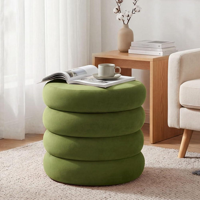 Zibeths Compact Round Ottoman, Plush Velvet Upholstery Storage Ottoman, Modern Tufted Circle Design with Removable Lid for Lounge, Dorm and Entryway,Olive Green