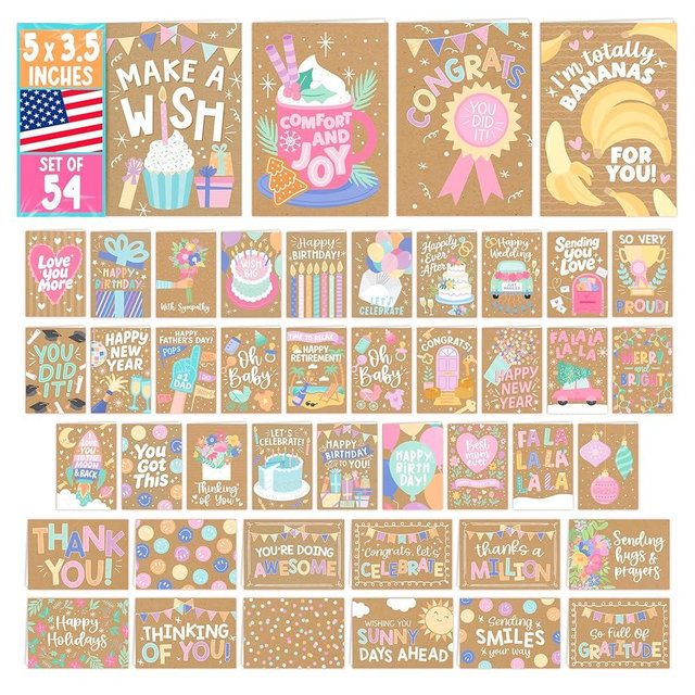 Hadley Designs Assorted Cards With Envelopes All Occasion - 54 Bulk Greeting Cards For All Occasions, Mixed Greeting Card Assortment, Birthday, Thank You, Congrats, Sympathy, Holiday Variety Card Pack