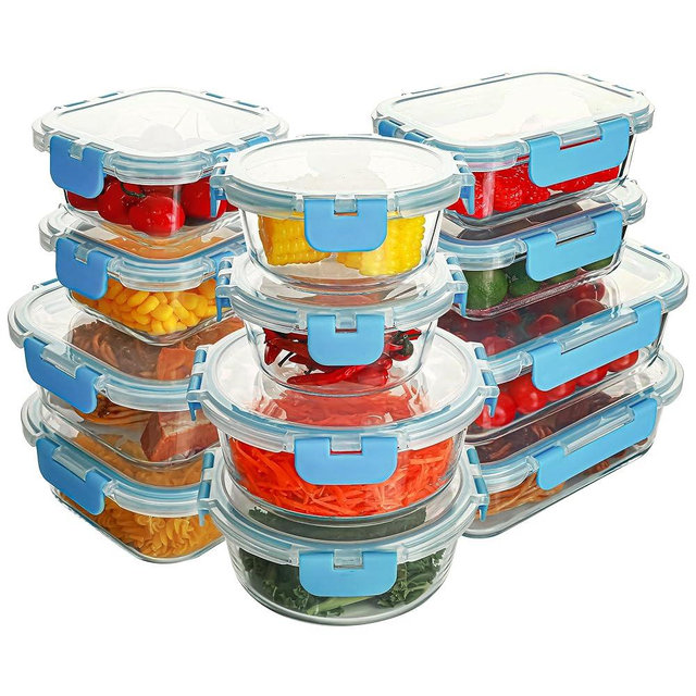YARYOUNG 12 Pack Glass Food Storage Containers Set, Glass Meal Prep Containers with Lids, Airtight Lunch Containers, Dishwasher Safe, blue