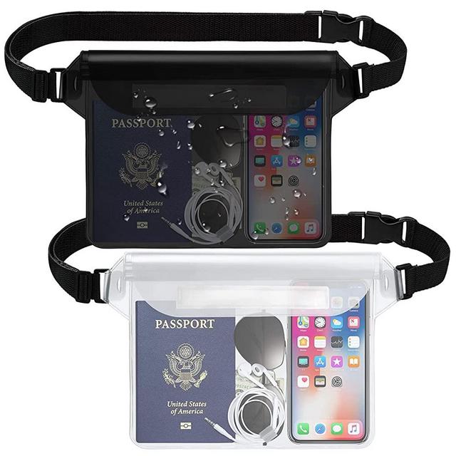 Hatisan Waterproof Bag with Waist Strap, Waterproof Fanny Pack Keep Phone Valuables Safe and Dry Beach Accessories for Vacation Boating Swimming Snorkeling Kayaking Pool(2 Pack,Black+White)