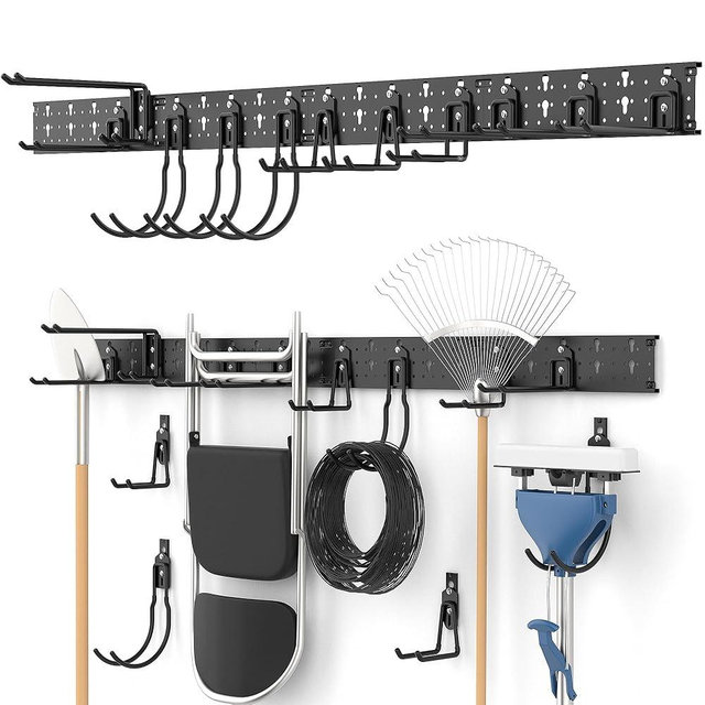 Ultrawall Garage Storage Organization, Versatile Storage Hooks Garden Tool Organizer Wall Mount, 64 Inch Yard Tool Organizer Hangers for Shovels, Rakes, Ladders, 19pcs Black