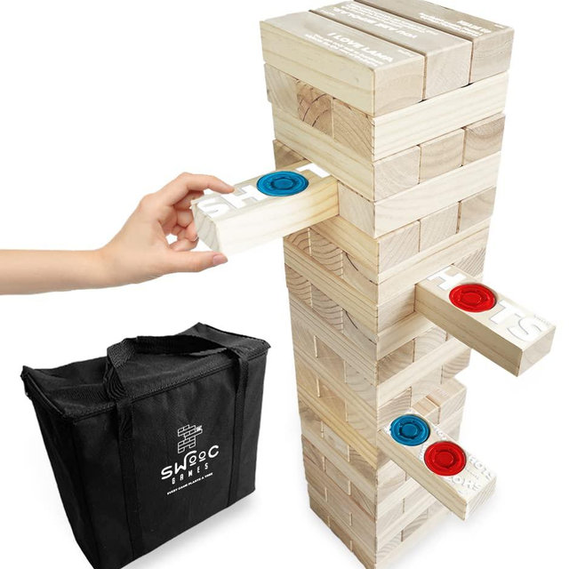 SWOOC Games - Giant Tower Party Game with Hidden Shots & 60 Commands - Includes 60 Blocks, 104 Disposable Cups with Lids & Carrying Case - Tipsy Topple Tower with Shots Holes - 2.5ft - Grows to 5ft