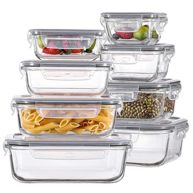 HOMBERKING 8 Pack Glass Food Storage Containers with Lids, Meal Prep Containers, Airtight Bento Boxes with Leak Proof Locking for Microwave, Oven, Freezer and Dishwasher, BPA Free, 5-35oz