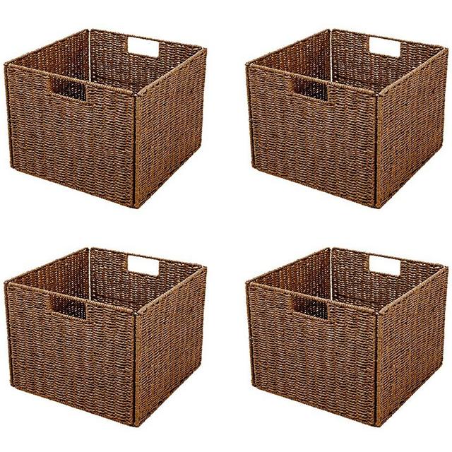 Trademark Innovations Foldable Storage Basket with Iron Wire Frame by (Set of 4), Brown