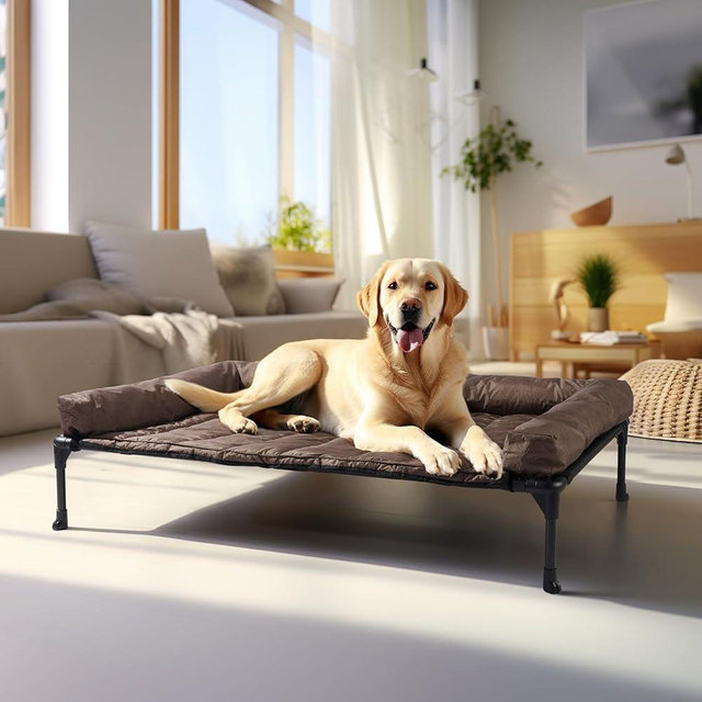 Veehoo Cooling Elevated Dog Bed + Waterproof Removable Pillow-Top Mat, Bolster Dog Cot Bed, Raised Pet Cot with Breathable Mesh, No-Slip Feet, Dog Couch Bed for Indoor Outdoor, Large, Brown CWC2331B