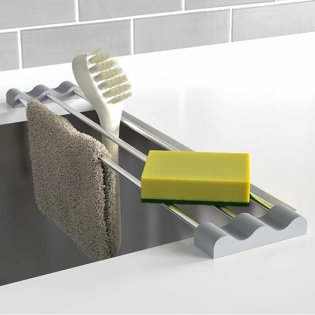 Tomorotec Rack for Sponge Dish Rags Bottles Brushes Kitchen Sink Accessories Over the Sink Adjustable Dishcloth Holder Heat-Resistant Sink Rack Multifunctional Stainless-Steel Silicone Slim Expandable