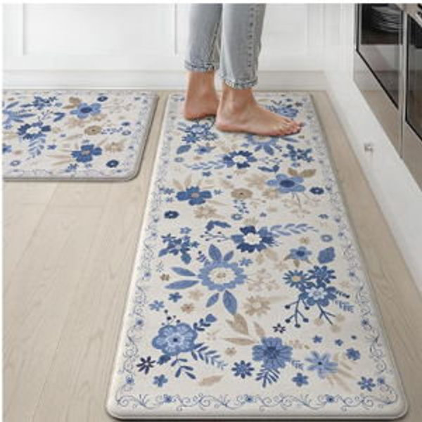 GENIMO Kitchen Mats for Floor 2PCS, Cushioned Kitchen Rugs Non Slip Washable, Farmhouse Anti Fatigue Mat Waterproof, Comfort Standing Mat Rug for Office, Home, Laundry, 17.3"x47"+17.3"x30", Beige&Blue