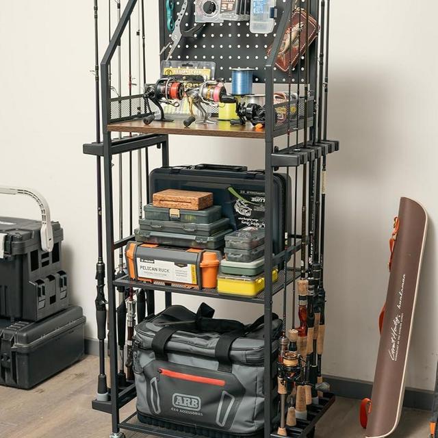 SOYEEZE Fishing Rod Holders for Garage, Fishing Pole holders, Fishing Gear Storage up to 12 Rods with Hooks and Wheels, Fishing Cart For Fishing Rod Tackle Box Reel Storage