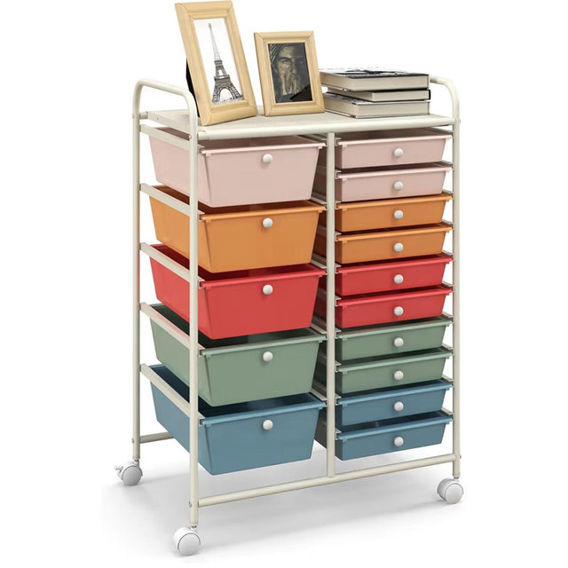 HAPPYGRILL 15-Drawer Rolling Cart, Storage Carts with Removable Drawers & Steel Frame, Utility Cart on Lockable Wheels for Home, School, Office, Macaroon