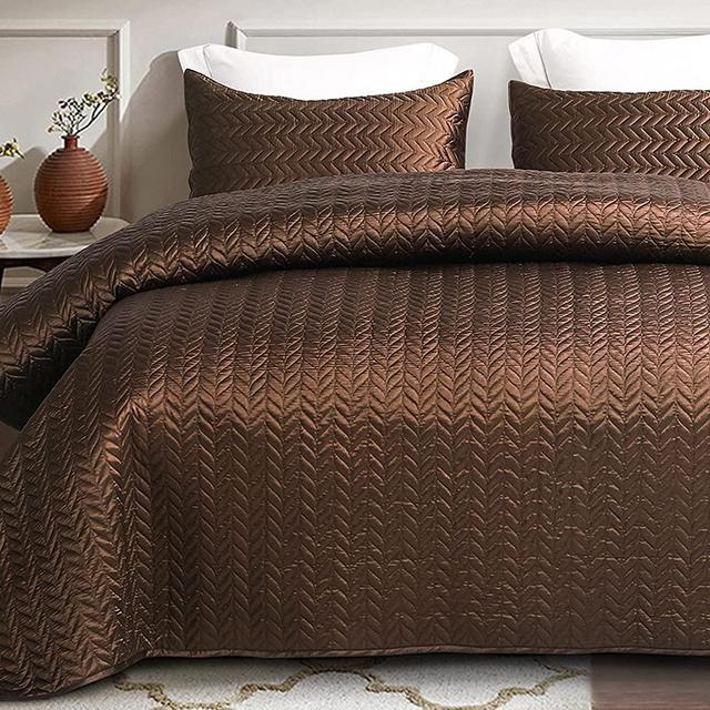 Whale Flotilla 3-Piece Luxury Satin Quilt Set King Size, Reversible Lightweight Coverlet Bedspreads Bedding Set with Pillow Shams, Brown