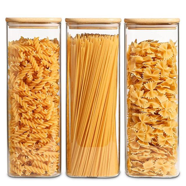 KTMAMA Airtight Food Storage Containers with Bamboo Lids, Tall Glass Storage Jar Set of 3 for Kitchen Pantry Organization, Ideal for Cereal, Spaghetti, Pasta, Noodles, Sugar (71oz)