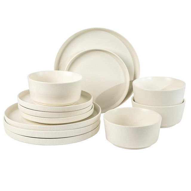 Gibson Home Dempsey Road 12-Piece Stoneware Dinnerware Set – Service for 4, Round White Plates and Bowls, Durable Solid Color Modern Embossed Dish Set, Microwave & Dishwasher Safe