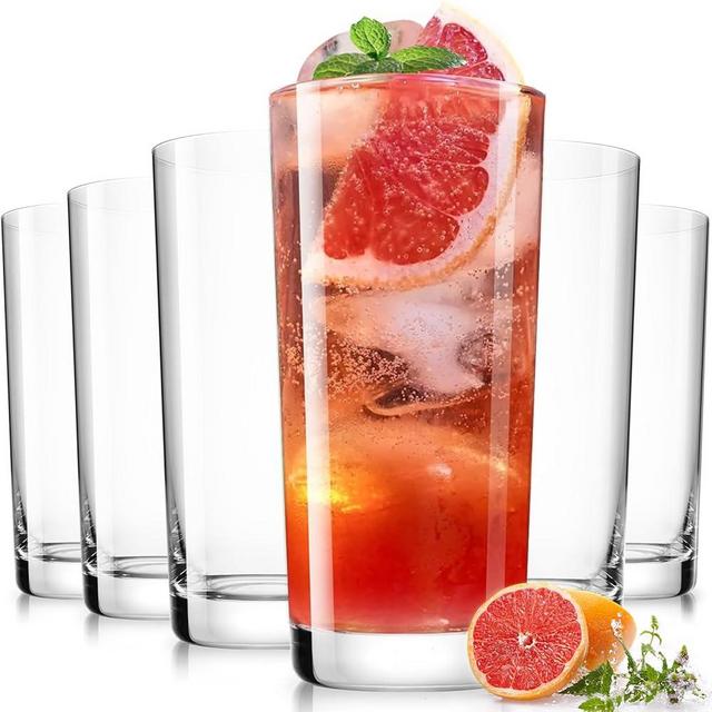 LUNA & MANTHA Drinking Glasses Highball Glasses Set of 6, Water Glasses 16oz, Wide Mouth Design Lead-Free Crystal Glassware, Cocktail Glasses Drinking Set, Tall Glass Cups for Mojito and Tom Collins