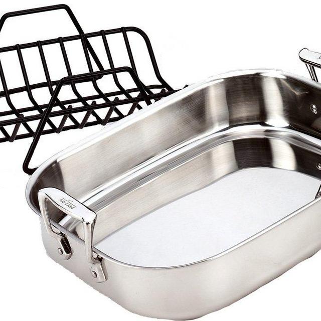 All-Clad E752S264 Stainless Steel Dishwasher Safe Small 11-Inch x 14-Inch Roaster with Nonstick Rack Cookware, 14-Inch, Silver