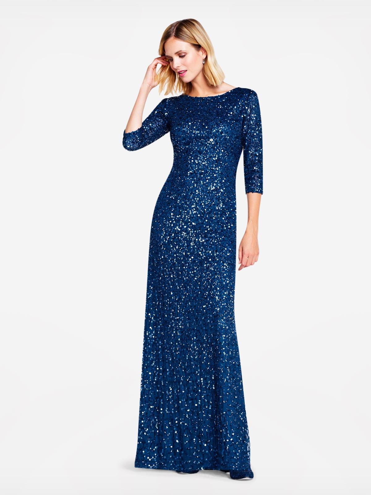 scoop back sequin gown with three quarter sleeves
