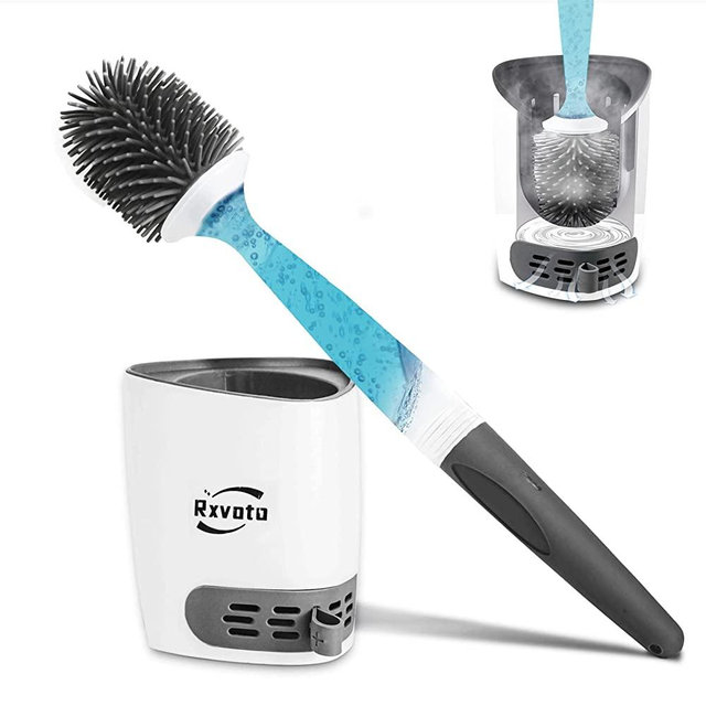 Silicone Toilet Brush and Holders, Refillable Handle Dispenses Gel Cleaner Toilet Brush, Wall Mount Silicone Toilet Brush Ventilated Holder with Diatom Mud for Bathroom