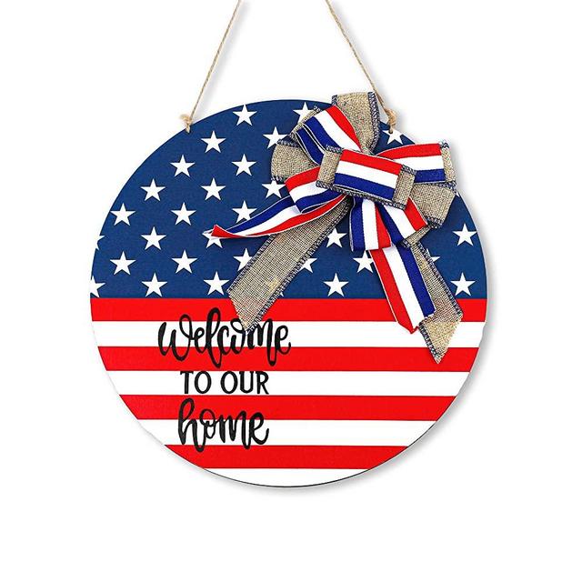 Joyly 4th of July Welcome Door Sign,Independence Day Decorations Doorplate Round Wood Hanger American Flag Patriotic for Front Door Porch Wall Window Decor