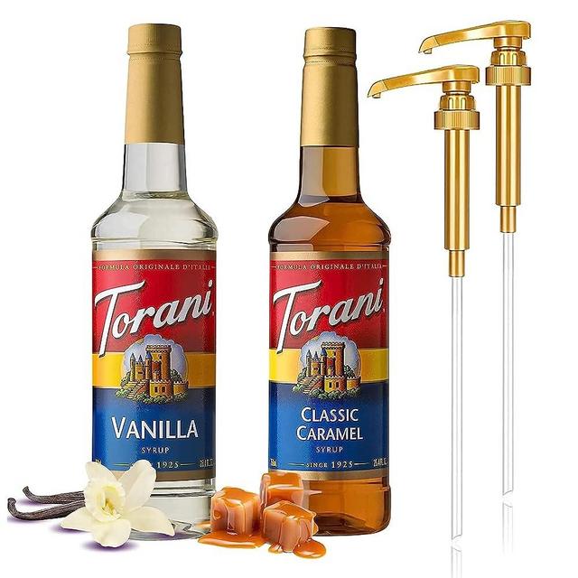 Jimoco Syrup Dispenser Pumps, With Syrup Bottles and Includes 1 of each, Vanilla and Caramel 750 ml Coffee Syrup Flavoring Syrup For Coffee, Snow Cone, Ice Cream- 25.4Oz Bottle