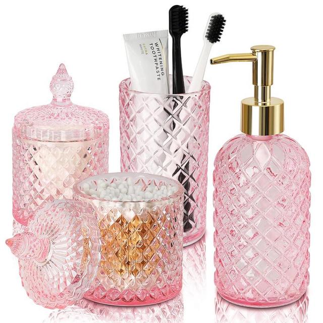 RYTOXILO Pink Bathroom Accessories Set, 4 Pack Pink Bathroom Decor Accessory Sets Complete, Diamond Glass Soap Dispenser and Toothbrush Holder Set for Bath Counter Organizer Essentials
