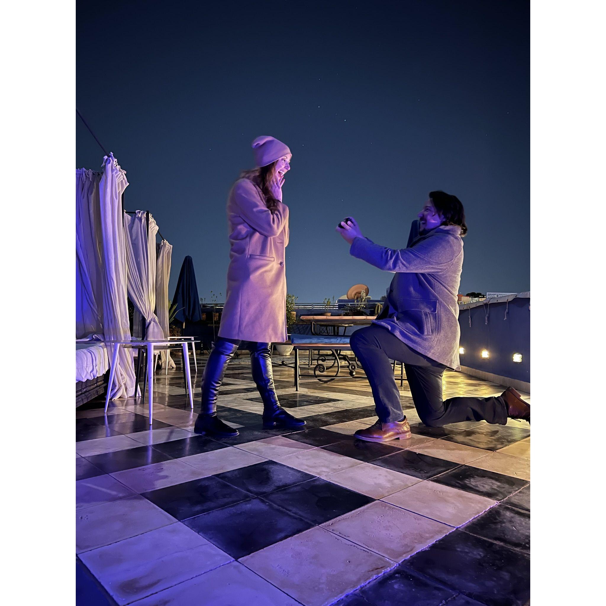 Our engagement photo on top of our Riad in Marrakech, Morocco.