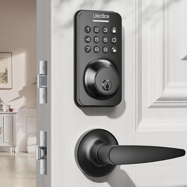 Keyless Entry Door Lock Deadbolt with Handle Set, Keypad Door Lock with Handle Smart Door Locks for Front Door with Set Code Door Lock with Easy Installation, Auto Lock, Matte Black