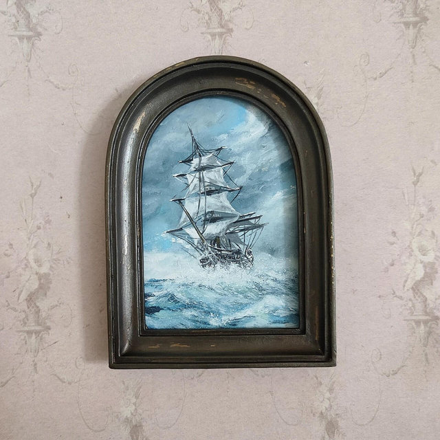 vintage style original oil painting, antique style sailing ship painting, sea view sailboat painting, stormy sea oil painting