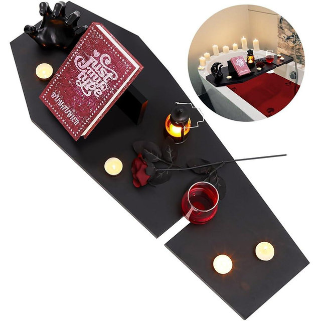 Barydat Halloween Coffin Bath Tray with Wine Notch Goth Bathtub Tray with Book Tablet Stand Bathtub Caddy Tray Bath Board Gothic Bathroom Accessories Halloween Decor Pastel Goth Decor Gothic Furniture