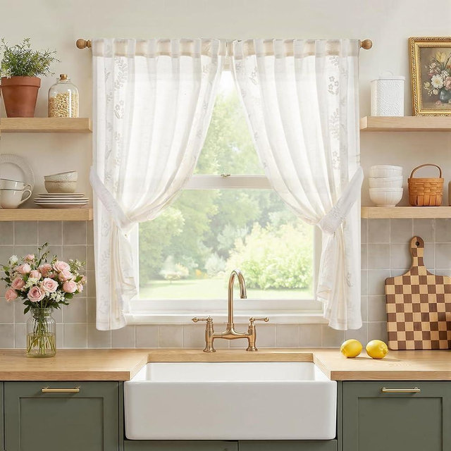 jinchan Belrose Linen Floral Cafe Curtains 45 Inch Length Embroidered Farmhouse Curtains for Kitchen Bedroom Bathroom Small Windows Curtain Set Light Filtering 2 Panels White