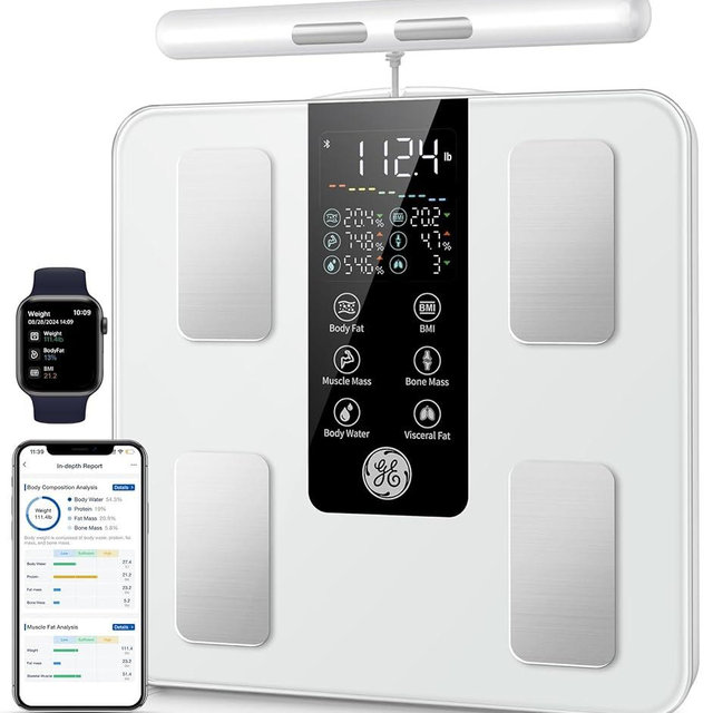GE Smart Scale for Body Weight: 8-Electrode Digital Bathroom Scale for Weight Fat BMI Muscle Mass Full Body Composition Analyzer 50 Measurements Bluetooth Highly Accurate Weighing Machine 400lb White