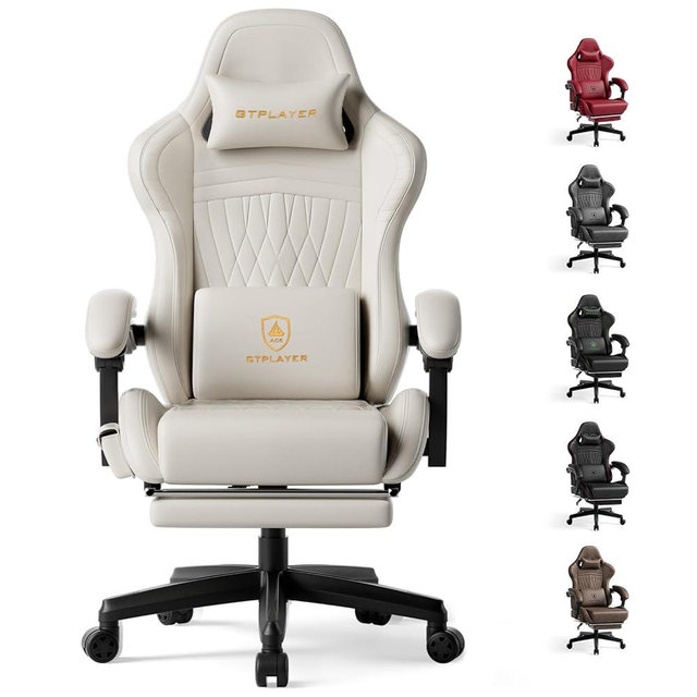 GTPLAYER Gaming Chair with Speakers, Video Game Chairs with Footrest, PC Gamer Chairs for Adults - Padded High Back Ergonomic Reclining Silla Gamer, Linkage Armrest, Ace Pro, Ivory New