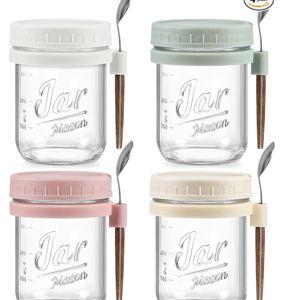 4 Pack Overnight Oats Containers with Lids and Spoons, 16 oz Glass Mason Jars with Airtight Lids, Overnight Oats Jars for Milk, Cereal, Fruit
