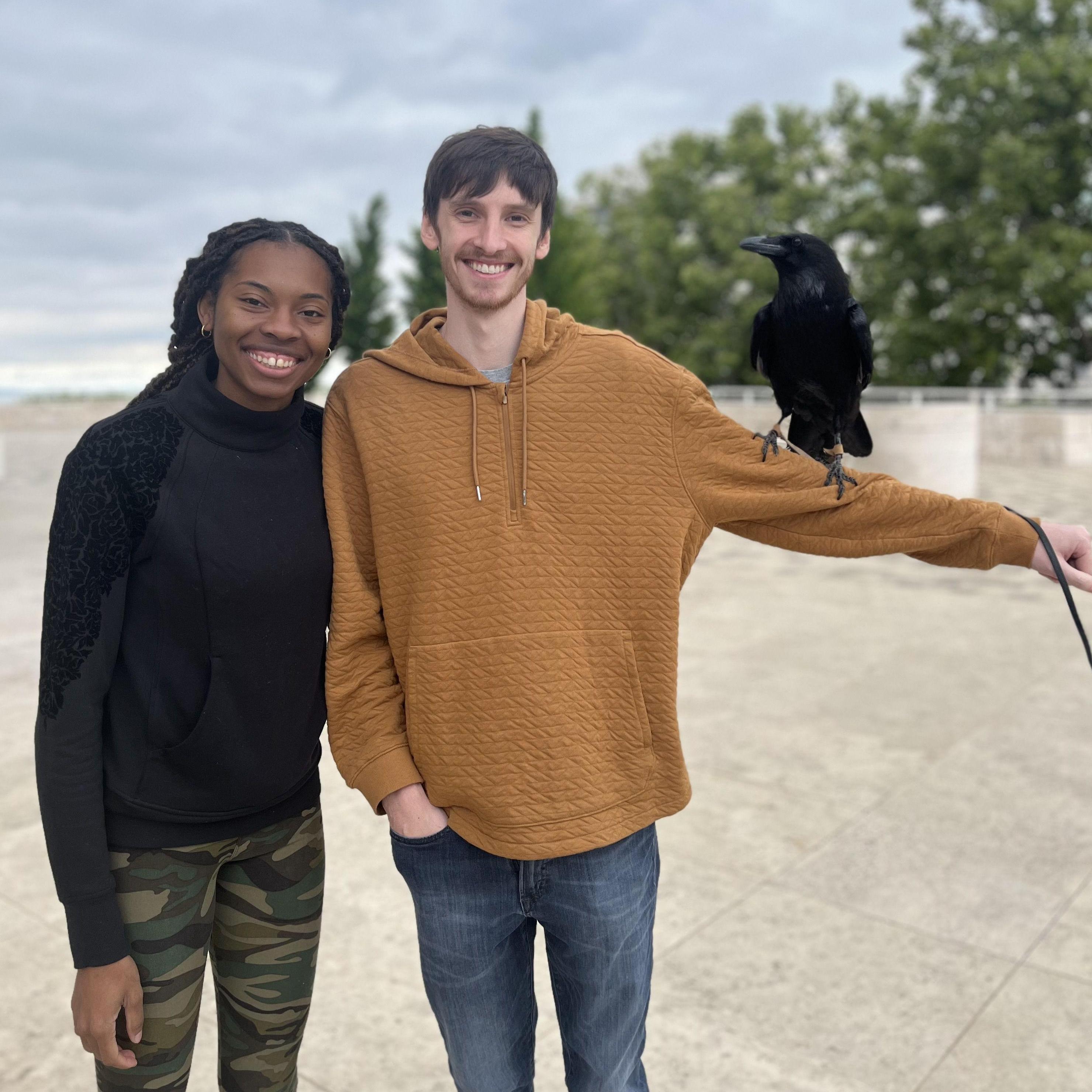 Chance holding a raven at the Getty Museum.