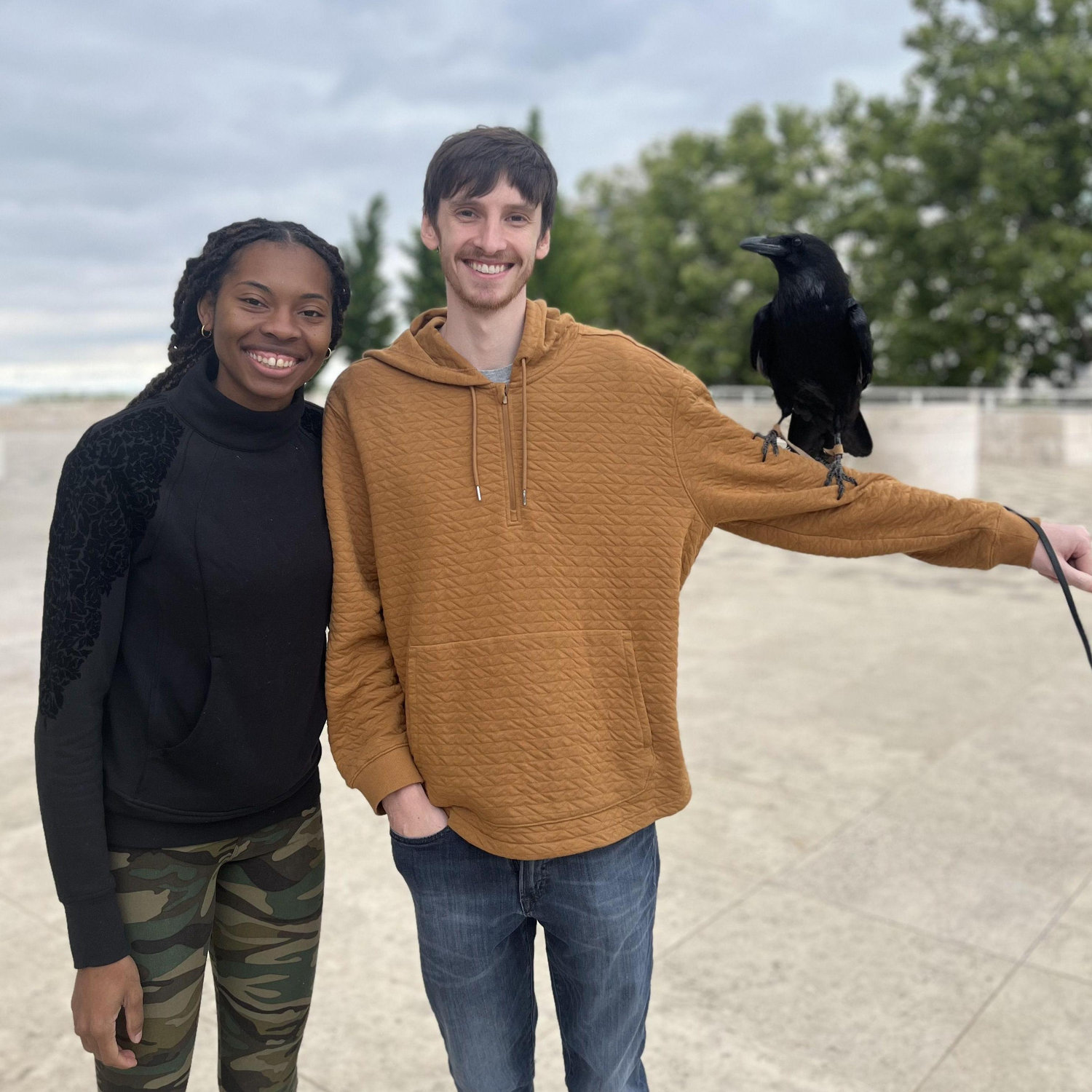Chance holding a raven at the Getty Museum.