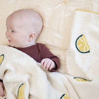 Clementine Lemon Embroidered Knit Baby Blanket