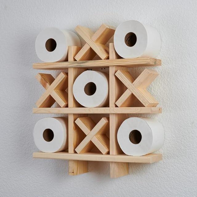 Bath Tic Tac Toe, Toilet paper Holder, Free Shipping, Bathroom Decor, Rustic Bath Shelf, Wood bath Shelf (Natural-Natural X, Classic)