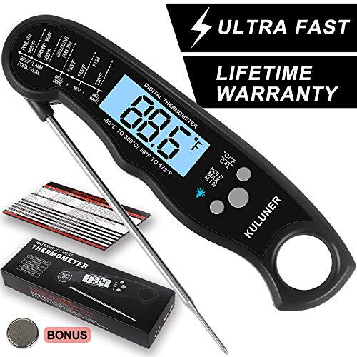 KULUNER Waterproof Digital Instant Read Meat Thermometer with 4.6” Folding Probe Backlight & Calibration Function for Cooking Food Candy, BBQ Grill, Liquids,Beef(black)