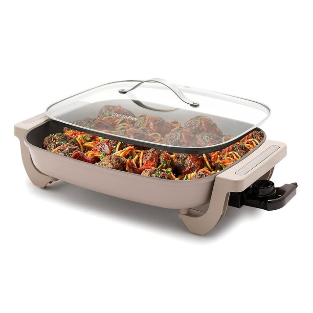 GreenPan Advanced 12” X 15” Electric Skillet with Lid, 7QT Capacity for Family Meals, Healthy Ceramic Nonstick PFAS-Free Coating, Fry, Sauté, Steam, Simmer, Sear, Stir Fry, Dishwasher Safe, Clay