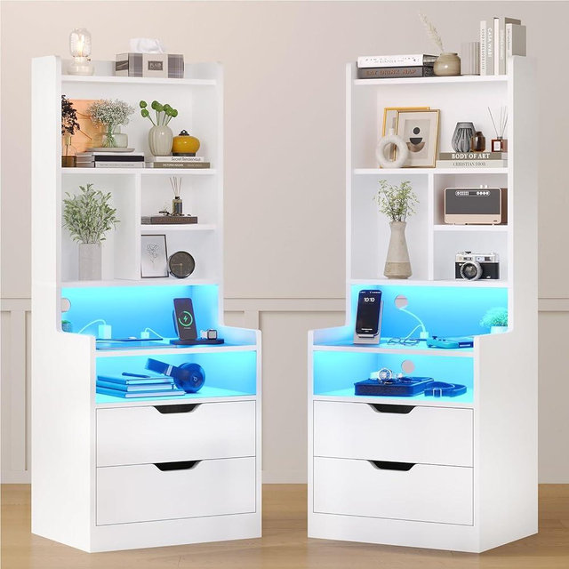 ADORNEVE Tall Nightstand Set of 2,LED Night Stand with Charging Station,Bedside Table with Bookshelf and Drawers,White Side Tables Bedroom,13.8" D x 17.7" W x 50" H