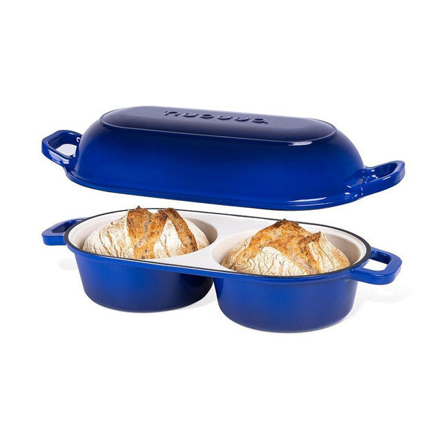 Dutch Oven For Sourdough Bread Baking – Enamelled Cast Iron Bread Loaf Pot – 500°F Oven Safe Non Stick Bread Pot – Double Round Loaf Space, 16.5cm Diameter, Dark Blue, – by Nuovva