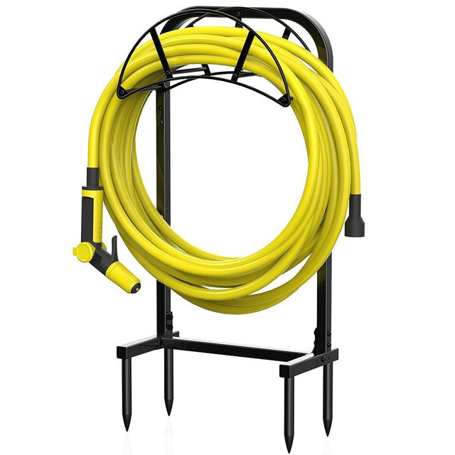 Suchek Garden Hose Holder, Upgraded 4 Spikes Water Hose Holder, Heavy Duty Hose Stand Holds 150ft Hose, Freestanding Hose Hanger, Hose Storage Organizer for Outside Yard Lawn (Black)