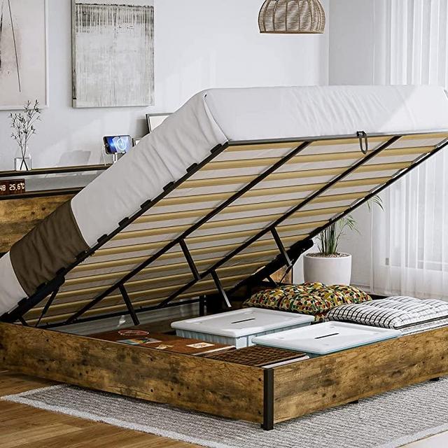 IKIFLY California King Size Lift Up Storage Bed - Metal Cal King Platform Bed Frame with 2-Tier Storage Shelf Headboard & Charging Station, Solid Wood Slats, No Box Spring Needed - Rustic Brown