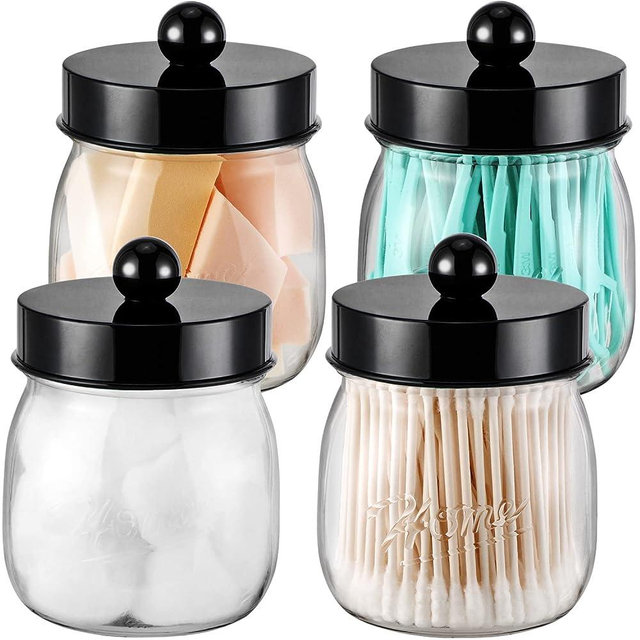 Farmhouse Decor Apothecary Jar Set,Mason Jar Bathroom Vanity Storage Organizer Canister - Qtip Holder Plastic Acrylic Jar for Cotton Swabs,Cotton Pads,Floss Picks,Paper Clips,Hair Clips(4 Pack,White)