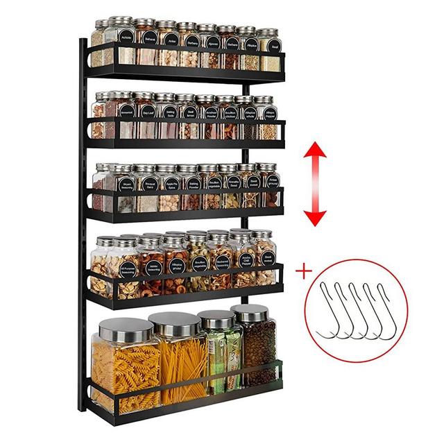X-cosrack Wall Mount Spice Rack Organizer 5 Tier Height-Adjustable Hanging Spice Shelf Storage for Kitchen Pantry Cabinet Door, Dual-Use Seasoning Holder Rack with Hooks, Black-Patent Pending